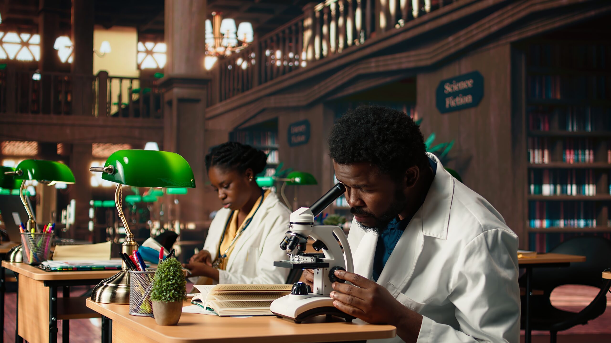 young researcher working in a modern laboratory with books